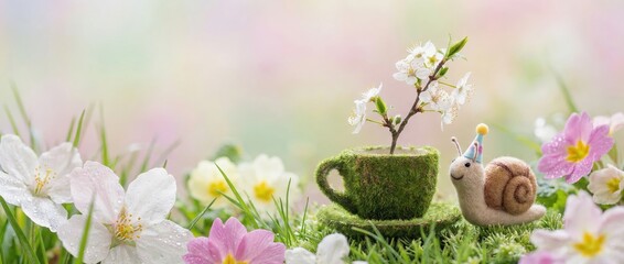 Charming snail celebrating with plant in cup surrounded by flowers nature scene soft colors close-up perspective whimsical concept for garden enthusiasts