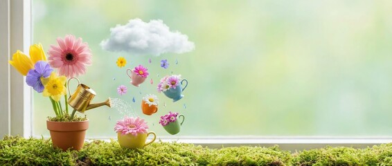 Spring flower arrangement with watering can and rainy elements indoor setting photography natural light cheerful concept for home decor inspiration