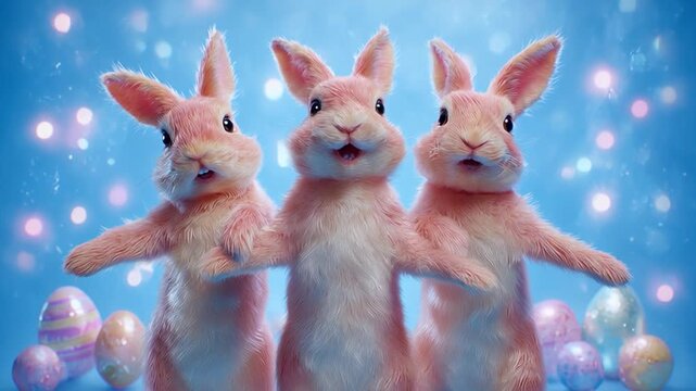 Easter party: Easter bunnies dancing surrounded by colorful Easter eggs, an animated video for greeting cards, festive events, and Easter celebrations.
