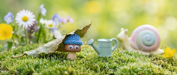 Whimsical garden scene featuring a cute mushroom snail and watering can nature photography in a flowering meadow capturing playful moments in a serene environment