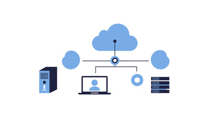 Network diagram featuring cloud computing servers and a laptop connected centrally