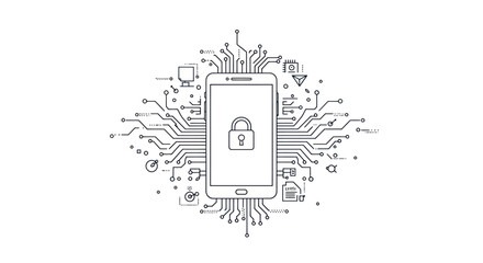 Outline drawing of a smartphone centered on a circuit board with a padlock icon