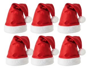 Six small red santa hats with white trim on transparent background