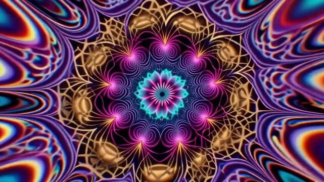 Seamless loop of a 3D mandala kaleidoscope with psychedelic, trippy patterns and fluid motion.