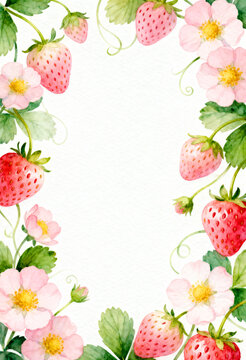 Naturalistic botanical border frame background where fresh strawberry watercolor sensibility background