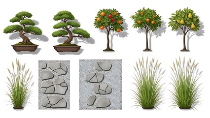 Collection of various trees and plants in different styles isolated on white background