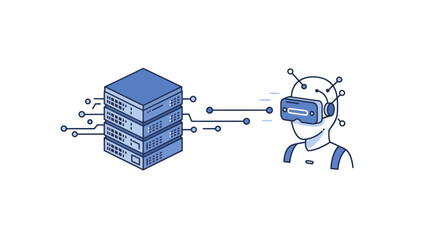 Server stack connecting to a person wearing a VR headset via data lines