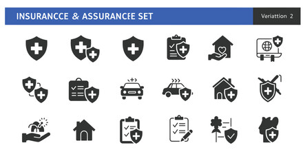 Set of 15 black silhouette icons related to insurance and assurance