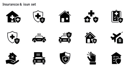 Set of 15 black and white insurancerelated icons in three rows