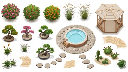 Collection of garden elements and landscaping features isolated on white background