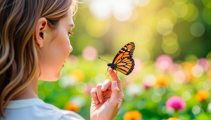 Girl holding monarch butterfly in lush garden, springtime beauty