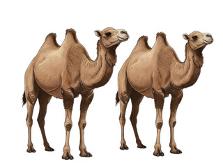 Two brown camels standing side by side on transparent background