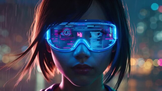 Cinematic 4K cyberpunk portrait young woman wearing glowing blue goggles, anime style, close-up face shot slow-motion hair movement, neon reflections goggles, holographic UI overlays floating around