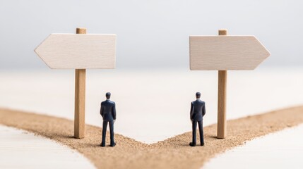 Miniature people at a forked dirt path with signpost outdoor scene figurine image decision-making concept