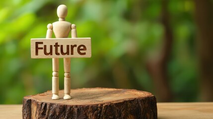Wooden mannequin holding future sign outdoor setting conceptual image vibrant environment close-up perspective