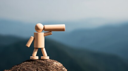 Wooden mannequin gazing through bark telescope mountain view artistic photography natural environment close-up perspective
