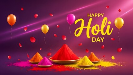 Vibrant happy holi celebrations with colorful powders and balloons