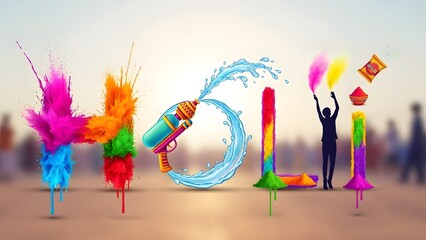Vibrant happy holi celebration with colorful powder and water splashes