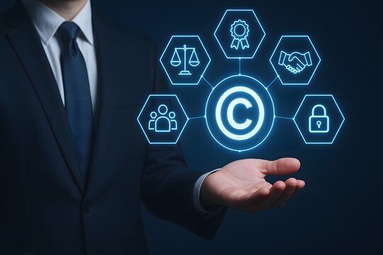 Businessman presenting copyright symbol with contract law security and partnership