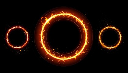 Three fiery rings, glowing bright, set against a dark, black background
