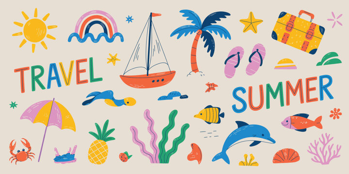 Hand Drawn Summer Design Elements Vector Collection with Cute Stickers for Covers, Scrapbooking, Home Decor, Stationery, and Creative Craft Projects