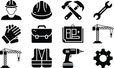 Obraz premium A comprehensive collection of construction and engineering industry worker tools and safety equipment icons