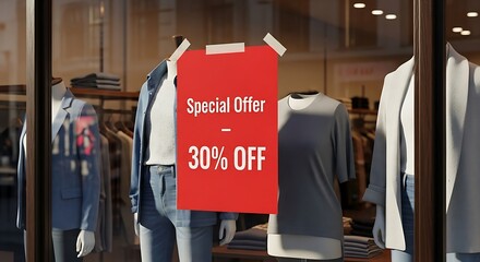 Clothing Store Window Display Featuring a Special Offer Sign.