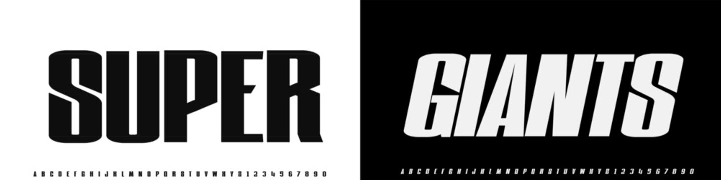 High font, trendy condensed alphabet sans serif, modern black letters and numbers, for your designs: logo, t shirt, card, poster