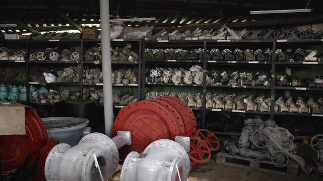 Industrial valves and plumbing parts on warehouse shelves