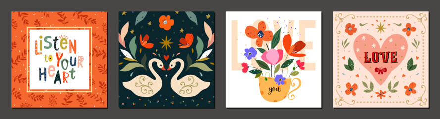 Bright floral greeting cards. Square templates with decorative flowers, swans, hearts, ornate frame. Suitable for Wedding Anniversarys, Happy Mother’s Day, Birthday, Valentine’s Day and other occasion © KatyaKatya