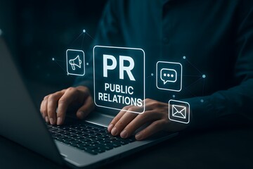 Fototapeta premium Digital public relations strategy with communication icons around pr label