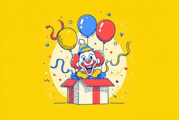 Colorful clown popping out of a gift box with balloons on a bright yellow background.