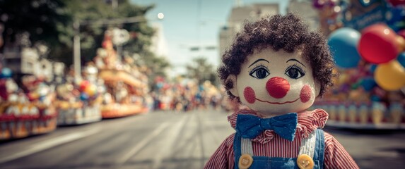 Cheerful Carnival Parade with Colorful Clown Doll on a Lively Festival Street