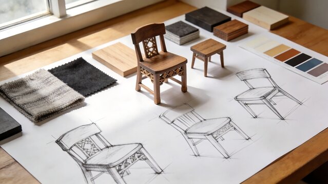 Chair design sketches and material samples