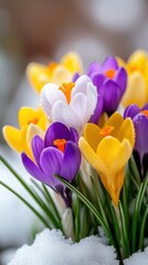 Fototapeta premium Early spring crocus flowers blooming through melting snow, purple, yellow and white petals with dew, symbol of renewal, nature awakening and seasonal change. Vertical photo