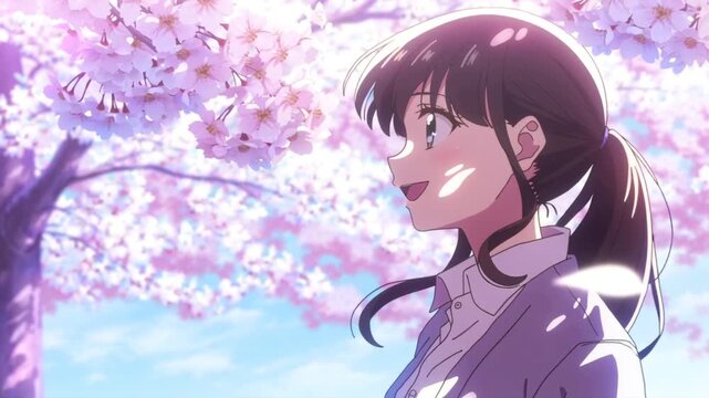 Cinematic 4K video, smiling anime girl, standing blooming cherry blossom trees sunlight filtering petals breeze blowing hair, petals floating slow motion, pastel pink, purple blue colors, dreamy anime