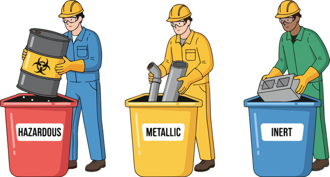 Workers sorting hazardous, metallic, and inert waste into labeled recycling bins