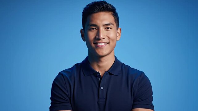 A smiling man wearing a blue polo shirt stands in front of a blue background with a friendly demeanor and approachable attitude