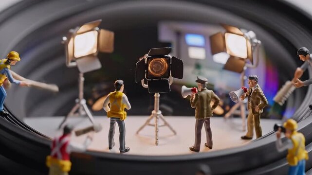 miniature film crew on lens stage capturing dramatic lighting tiny director - gaffer and actors organize lights and slate around studio lamp - clapper action and camera positioning on curved