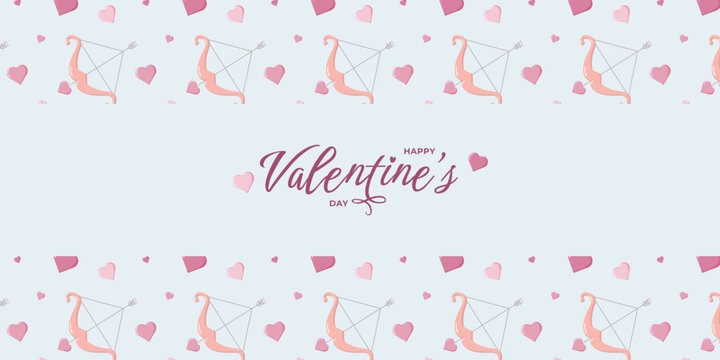Valentine s Day pattern with bows, arrows, hearts, and Happy Valentine s Day text on blue background