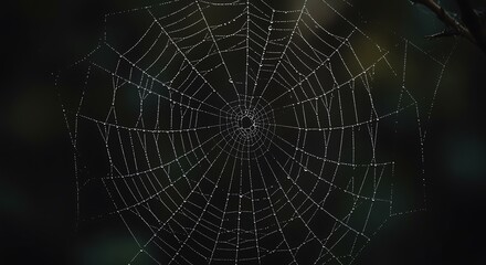 Fototapeta premium Cobweb with dew drops on black background morning nature scene