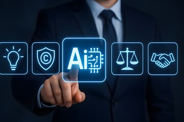 Obraz premium AI Governance And Copyright Protection Concept With Justice And Partnership Icons