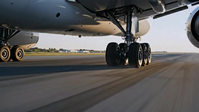 Exhilarating scene of aircraft landing with fiery sparks and intense flames - Thrilling spectacle of aeroplane touchdown filled with luminous sparks and blazing flames underneath