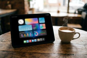 Digital tablet displaying colorful data widgets next to a steaming cup of coffee on a wooden table. Modern technology, business or leisure concept.