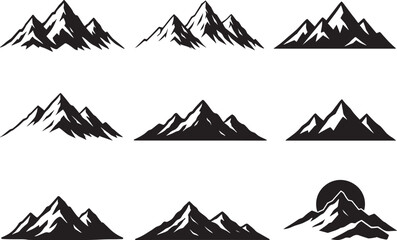 Mountain landscape vector set with minimal black peaks for outdoor logo branding bundle
