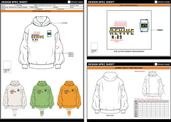 Fototapeta premium REVIVE PRINT ON HOODIE FLAT SKETCH FASHION TEMPLATE TECHNICAL ILLUSTRATION