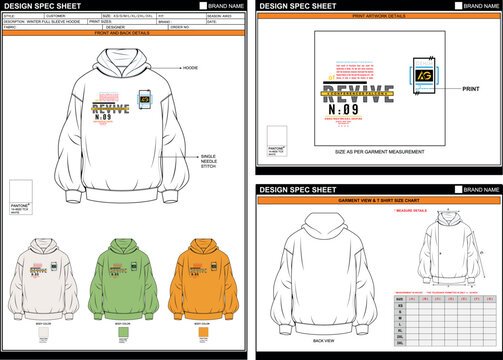 REVIVE PRINT ON HOODIE FLAT SKETCH FASHION TEMPLATE TECHNICAL ILLUSTRATION