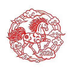 Red Chinese Paper Cut Horse with Clouds and 2026 for New Year