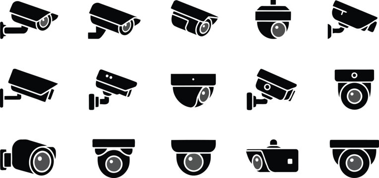 A comprehensive set of fifteen black security camera icons displayed against a crisp white background