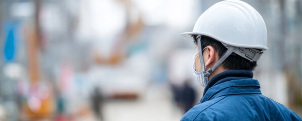 Construction worker in a hard hat surveys a bustling industrial site on a foggy day